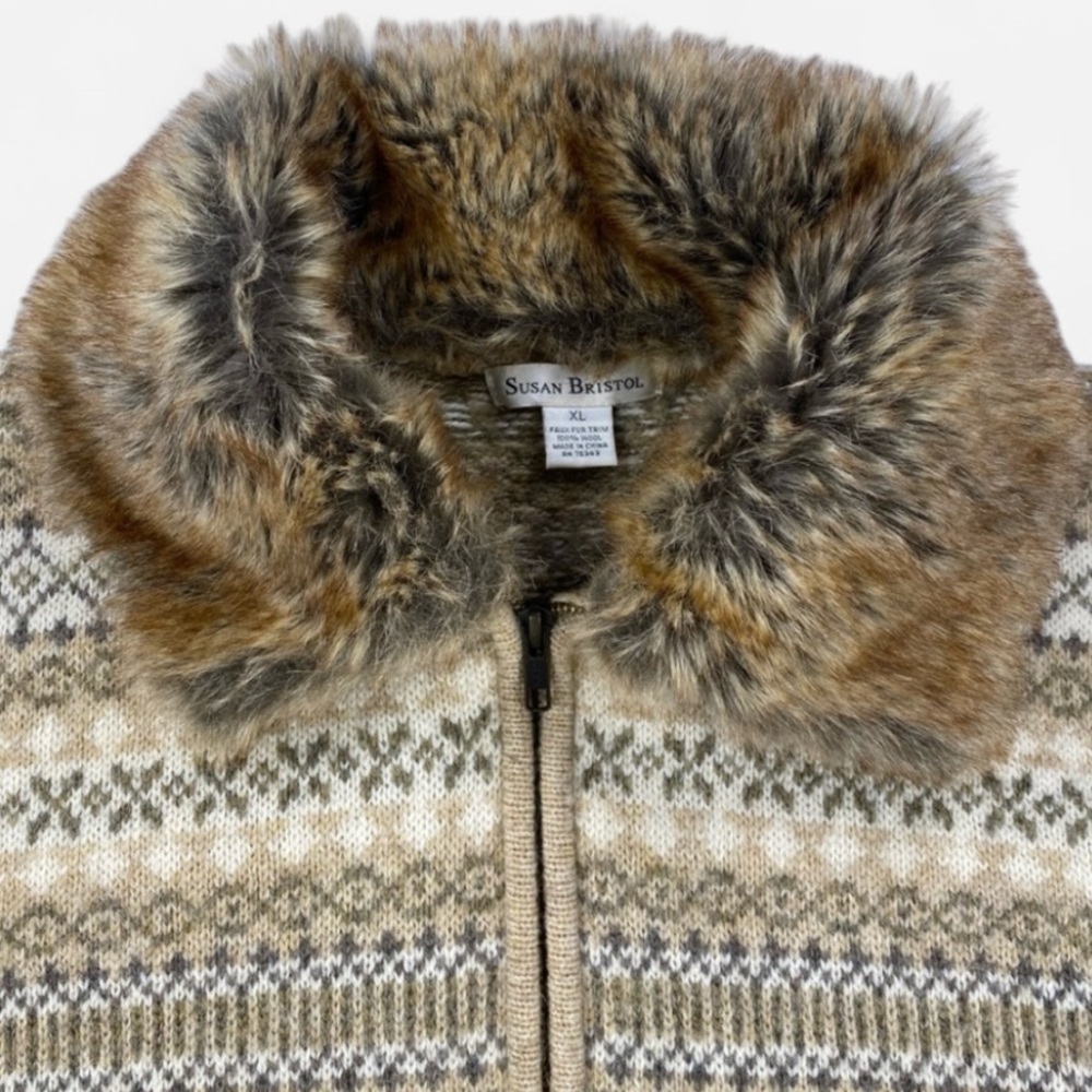 Susan Bristol Women’s Zip-Up Sweater with Faux Fur Trim Tan 100% Wool Size XL - Picture 4 of 10